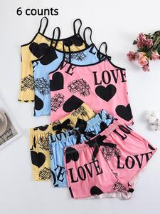 2 Pieces/ 6 Pieces  Women's Heart & Letter Print Lettuce Trim Pyjama Matching Set, Casual Spaghetti Strap Cami Top & Bow Decor Shorts, Summer Sleepwear Loungewear Set for Women