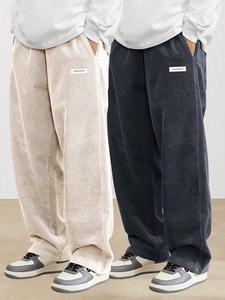 Men's Letter Patched Corduroy Pants, Casual Comfy Straight Leg Trousers for Fall & Winter, Men's Bottoms for Daily Wear