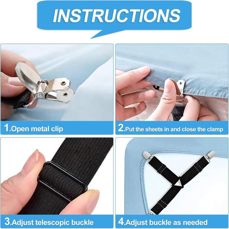 4 Pcs Bed Sheet Clips, Triangle Sheet Clips for Bedding, Adjustable Bed Sheet Grippers, Black Bed Sheet Straps, Sheet Clips for Bedding, Mattress Covers, Bed Sheets, Sofa Cushion 3