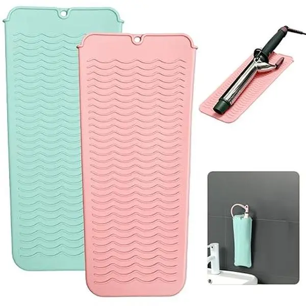 Heat Resistant Silicone Travel Mat Pouch for Hair Styling Tools, 2 Pack, 11 x 5 inches, Slip Resistant, Foldable, Easy-to-Clean, Multipurpose, Green& Pink