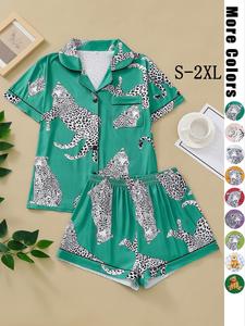 Women's 2pcs Button Front Shirt & Elastic Waist Shorts Pyjama Set, Short Sleeve Lapel Neck Top & Shorts PJ Set For Lady, Women's Sleepwear For Summer Home Wear