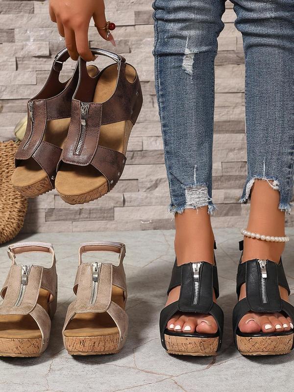 Women's Fashionable Zipper Design Peep ToeWedge Sandals, Casual Comfortable Sandals forBeach Vacation, All-match Commuter Shoes forWork & Daily Wear, Summer 3