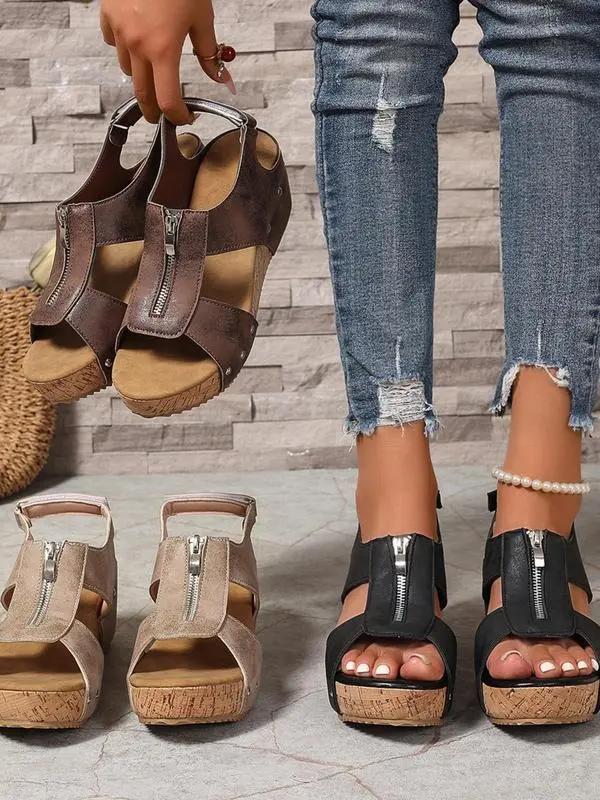 Women's Fashionable Zipper Design Peep ToeWedge Sandals, Casual Comfortable Sandals forBeach Vacation, All-match Commuter Shoes forWork & Daily Wear, Summer 3