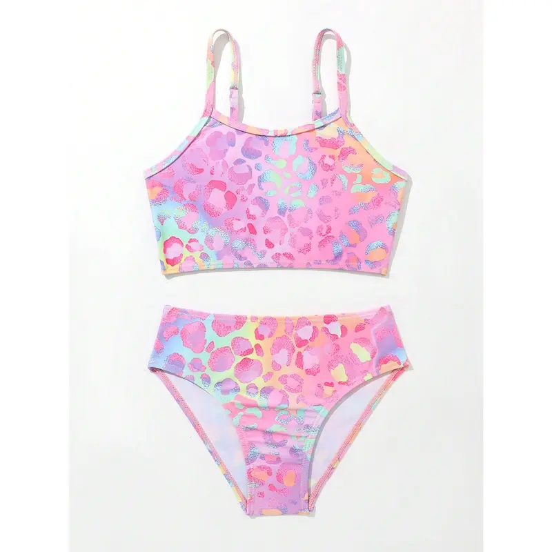 Young Girl Pink Multi-Color Leopard Print Swimwear Set With Fun Patterns 4