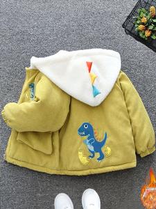Boy's Cartoon Dinosaur Embroidering Pocket Hooded Coat, Cute Long Sleeve Warm Coat for Fall & Winter, Kids Clothing for Daily Wear