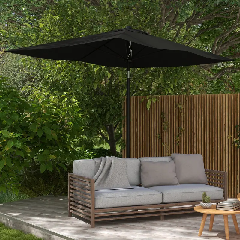 Outsunny 2 x 3(m) Garden Parasol Umbrella, Rectangular Outdoor Market Umbrella Sun Shade with Crank & Push Button Tilt, 6 Ribs, Aluminium Pole, Black 1