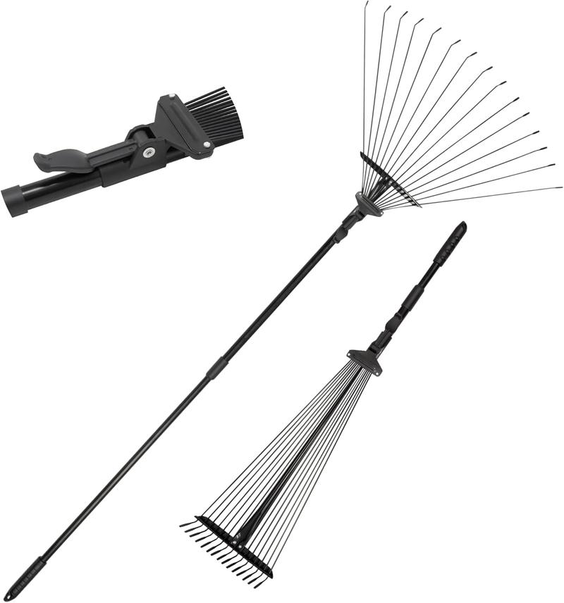 Product Introduction of Garden Rake - 38-63 Inch Adjustable Rake for Gardening - for Gardening, Grass w/ 25 Tines for Lawn & Yard Clean Up - Garden Rakes for Leaves, Lawn Leveller, Black 0