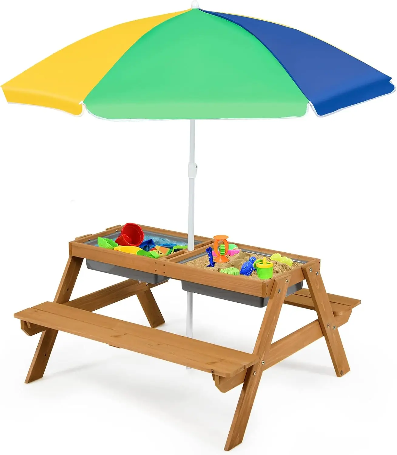 COSTWAY Kids Picnic Table, 3-in-1 Wooden Sand & Water Play Table and Bench Set with Adjustable Umbrella and Detachable Tabletop, Children Garden Furniture Parasol for Girls Boys