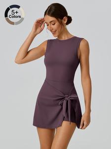 Women's Solid Color Round Neck Tie Side Sleeveless Romper, Casual Sporty Crew Neck Romper for Yoga Gym Workout Running, Ladies Sportswear for All Seasons