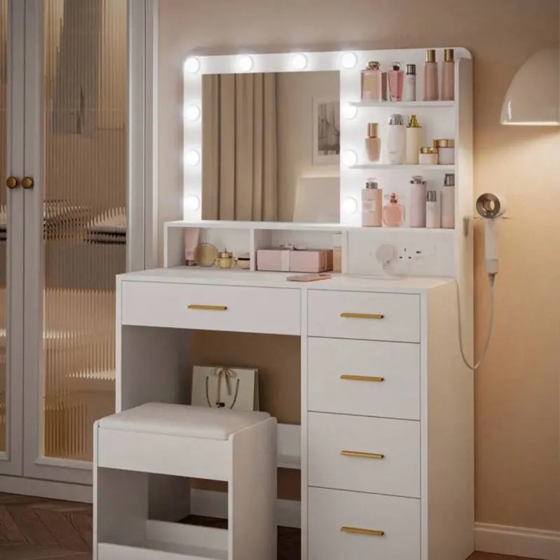 Hzuaneri Dressing Table with 3-Colour LED, Vanity Table with Plug and Large Mirror, Stool and Hairdryer Holder, Multi-Drawer Dressing Table, 6 Open Storage Areas, White 0