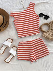 Women's Striped Pattern Asymmetrical Top & Shorts Set without Accessories, Casual Sleeveless Top & Shorts, Ladies Summer