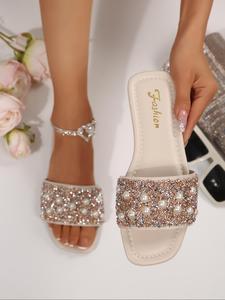 Women's Elegant Rhinestone Decorated Slides, Fashionable Glittering Slides, Lightweight Breathable Comfortable Slippers for Beach, Daily Wear, Walking Shoes, Classy Sandals