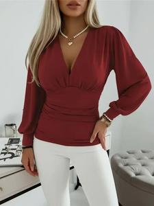 Women's Solid Woven Fabric Ruched Deep V Neck Fitted Blouse, Casual Chic Long Sleeve Top for Spring & Fall, Women's Clothes for Daily Wear, Womenswear, Feminine