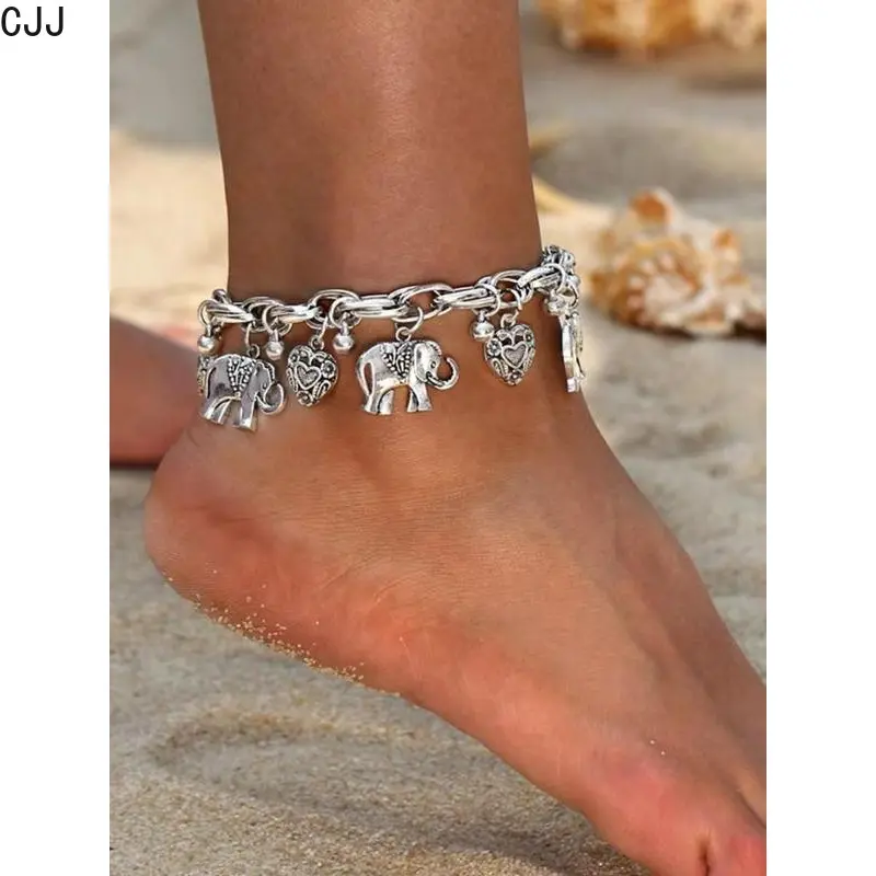 Women's Boho Style Elephant & Heart Design Anklet, Fashionable Retro Anklet for Women & Girls, Trendy All-match Vintage Body Jewelry As Gift for Summer Decor 0