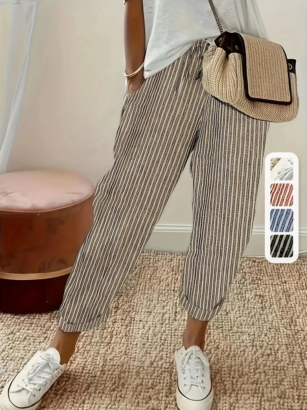 Baggy Legged Pants, Women's Striped Wide-Leg Casual Pants – High Waisted, Comfortable All-Season Wear, Side Stripe Detail, Machine Washable, Perfect for Casual Outings, Travel, Beach Days, Vacation, Resort Wear, Relaxing Weekend, Summer Daily Wear