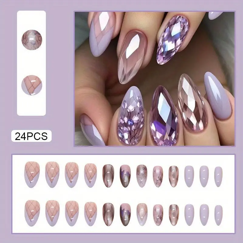 24pcs Set of Medium Almond-Shaped Press-on Nails in Glossy Light Amethyst - Durable, Easy-to-Apply Fake Nails for Women Press On Nails for Women Nail Accessories 3