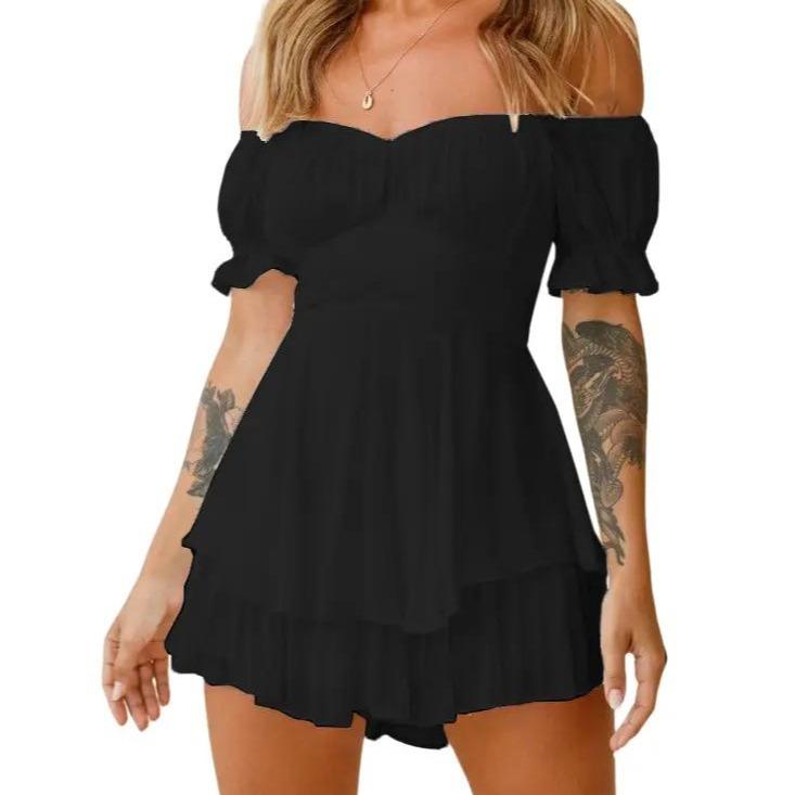 Women'S Jumpsuit Solid Color Fashion Sexy One-Shoulder Lantern Off-Shoulder Lotus Leaf Sleeve Casual Summer Women'S Shorts Skirt 6