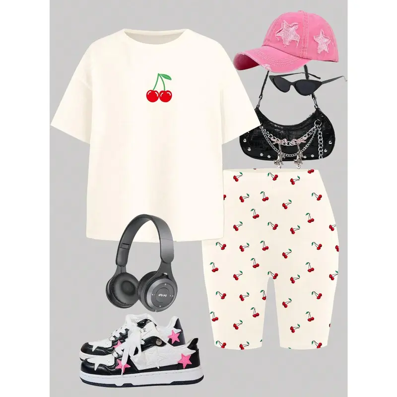 2pcs/Set Vintage Cherry Pattern Teen Girl Casual Loose Short Sleeve T-Shirt And Shorts Set, Suitable For Summer 2