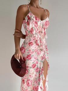 Women's Floral Print Cami Dress, Elegant Sleeveless Split Hem Dress for Party Holiday Wedding Guest, Ladies Summer Clothes, Formal Dresses Women