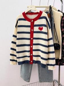 Women's Heart Colorblock Striped Print Button Front Cardigan, Casual Long Sleeve Knitwear for Daily Wear, Ladies Clothes for All Seasons Valentine's Day, gift
