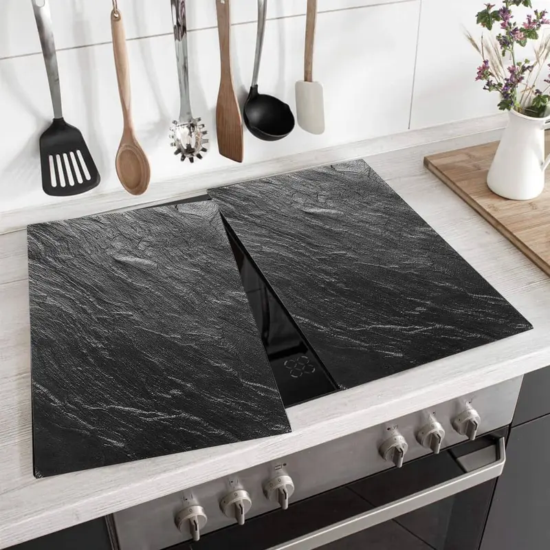 Set of 2 Glass Chopping Boards - 2pcs Universal Hob Cover Worktop Savers for Induction, Ceramic & Electric Stove - Non-Slip Tempered Glass Cutting Board - Black Slate Marble Kitchen Knives 4