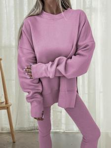 Two-Piece Set Women's Solid Drop Shoulder Split Top & Elastic Waist Pants Pyjama Set, Casual Comfy Long Sleeve Round Neck Top & Trousers PJ Set, Women's Sleepwear for Fall, MODEST Wear