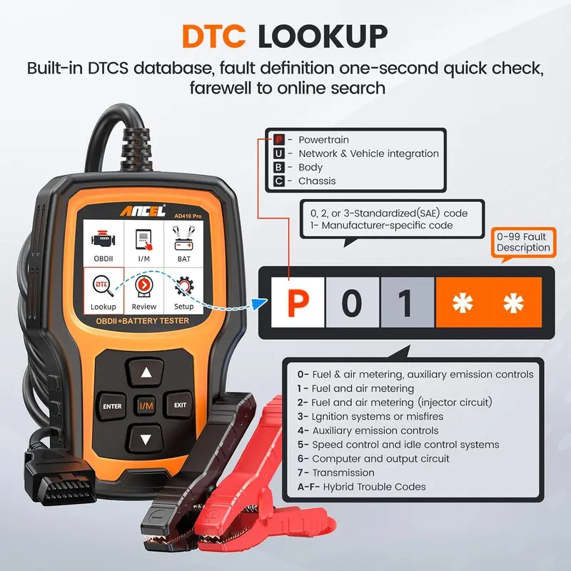 ANCEL AD410 Pro 2-in-1 OBD2 Scanner & Battery Tester – 6V/12V 100-2000 CCA Car Diagnostic Code Reader for All Vehicles 4