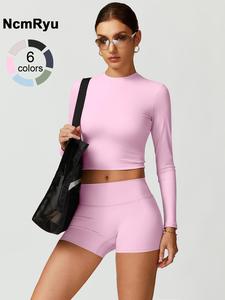 Women's sports suit solid color shorts long sleeved round neck tight fitting high elasticity autumn and winter fashionable sportswear yoga clothes Pilates golf tennis four seasons outdoor running cycling gym exercise training