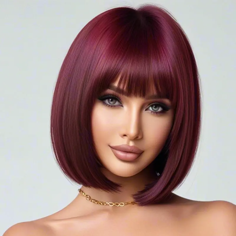 Women's Elegant Burgundy Bob Wig with Bangs - 150% Density Heat Resistant Synthetic Fiber, Suitable for Role Playing & Daily Wea 0