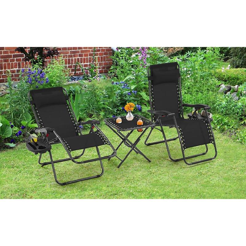Product Introduction of 3PCS Zero Gravity Recliner Portable Foldable Outdoor Sunlounger Table Set w/Pillow & Carry Strap for Patio Deck Garden Pool Black 11
