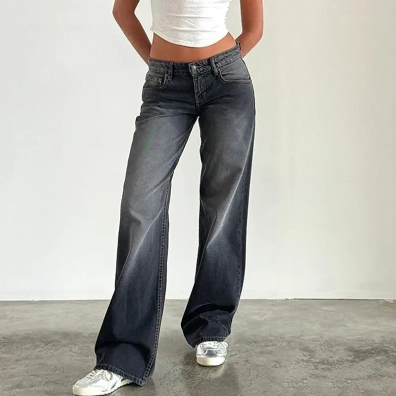 Women Vintage Aesthetic Y2k Low Rise Baggy Jeans Loose Fit Boyfriend Straight Wide Leg Jeans Trendy Stretch Long Denim Pants Fashion Spring Womenswear Pocket Bottom
