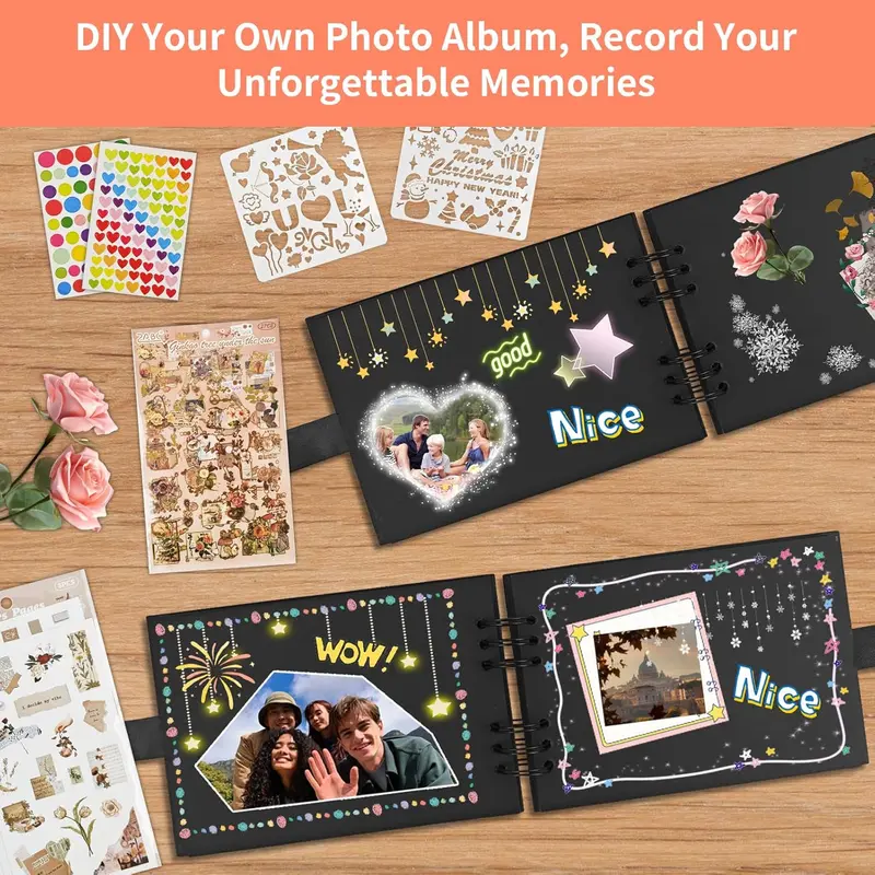 Scrapbook Photo Albums, DIY Memory Album 100 Pages Photo Album Craft Paper with Scrapbook Accessories Couples Scrapbook Baby Scrapbook for Anniversary, Wedding,Travelling, Baby Shower Black 4