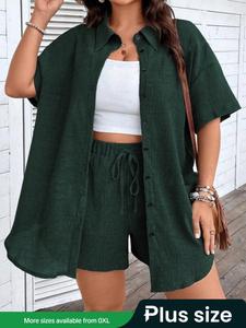 【 Plus Size】 Solid Button Drop Shoulder Blouse & Shorts Set without Cami Top, Travel, Basic Curvy Boho Casual Half Sleeve Collared Top & Bottoms for Daily Wear, Womenswear, Clothing Sets, Casual Matching Set, Lady Cute Two Piece Sets