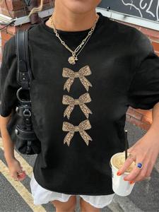 【Plus Size】 Leopard Print Bow Pattern Tee, Casual Short Sleeve Round Neck T-shirt for Summer, Women's Clothing for Daily Wear