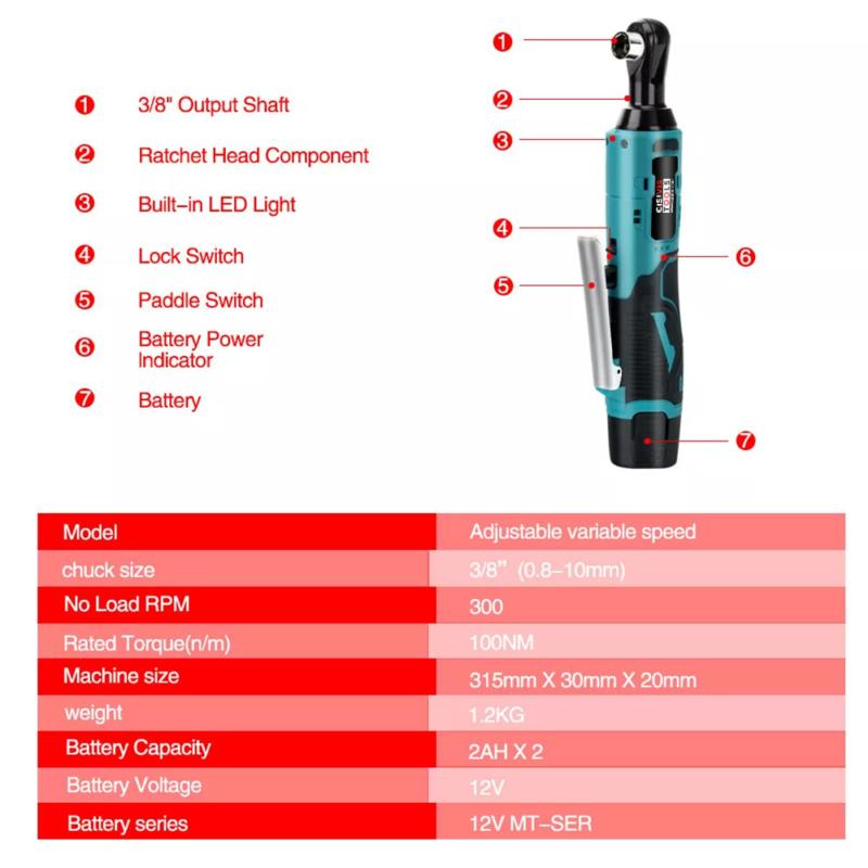 100Nm Electric Cordless Right Ratchet 3/8" 90 °   Angle Wrench 2 Battery DIY Tool 5