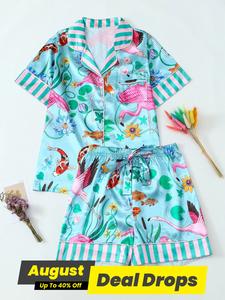 Women's Animal / Floral Print Satin Pajama Set, Short Sleeve Shirt & Shorts Loungewear Set, Casual Comfy Nightwear for Women, Soft Stretchy Homewear, Pajamas, Pajama Sets, Shortsleeve Pjs, Summer Sleepwear, Pastel Cute Pajamas, Multicolor Matching Pj Set