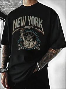 Men's Statue Of Liberty Print Round Neck Tee, Loose Casual Fashion Short Sleeve T-shirt for Summer, Men's Top for Daily Wear