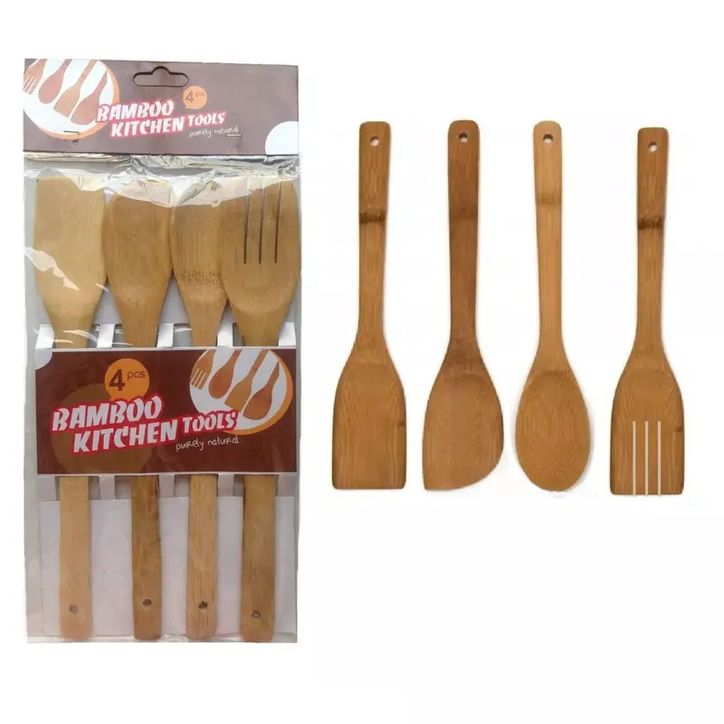 4 Piece Bamboo Wooden Kitchen Cooking Utensils Set with Spatula, Spoon, and Turner - Cookware 0
