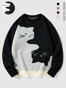 Men's Cartoon Cat Print Round Neck Sweater, Regular Fit Casual Long Sleeve Crew Neck Jumper for Fall & Winter, Fashion Men's Knitwear for Daily Wear 2624, Clothes