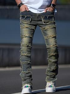 Men's Regular Fit Plain Embroidery Ripped Jeans, Casual Comfy Denim Pants for Daily Wear, Fashion Men's Bottoms for All Seasons