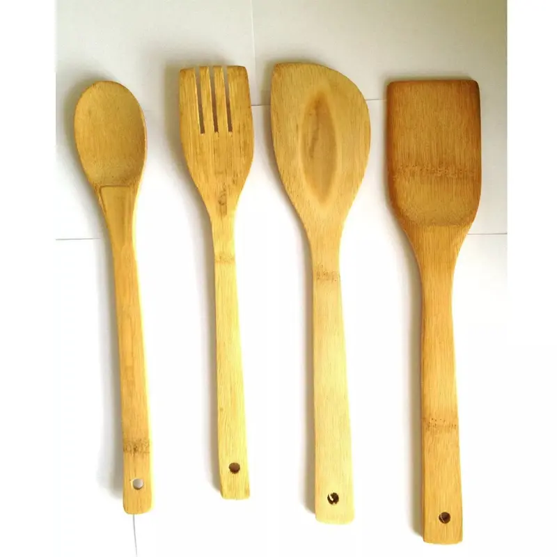 4 Piece Bamboo Wooden Kitchen Cooking Utensils Set with Spatula, Spoon, and Turner - Cookware 4