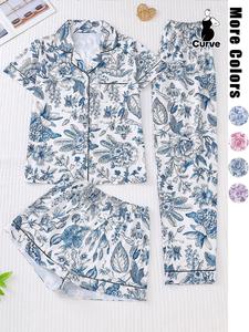 【Plus Size】 Three-piece Set Floral Print Pocket Shirt & Elastic Waist Shorts & Contrast Binding Pants Pyjama Set, Casual Comfy Short Sleeve Button Up Top & Shorts & Trousers Pj Set, Pyjamas for Women, Women's Sleepwear for All Seasons, Pajama Sets Women