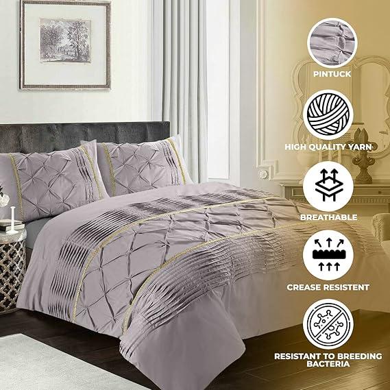 Luxury Antoinette Damask Floral Duvet Cover Set – Reversible Polycotton Quilt Cover for Double and King Size Beds, Eleanor Pintuck Stripes Design, Soft 200 Thread Count, Easy Care Summer Bedroom Décor, Buttons Closure, Includes Duvet and Pillow Cases 7