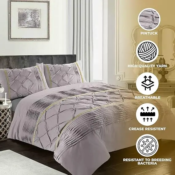 Luxury Antoinette Damask Floral Duvet Cover Set – Reversible Polycotton Quilt Cover for Double and King Size Beds, Eleanor Pintuck Stripes Design, Soft 200 Thread Count, Easy Care Summer Bedroom Décor, Buttons Closure, Includes Duvet and Pillow Cases 7