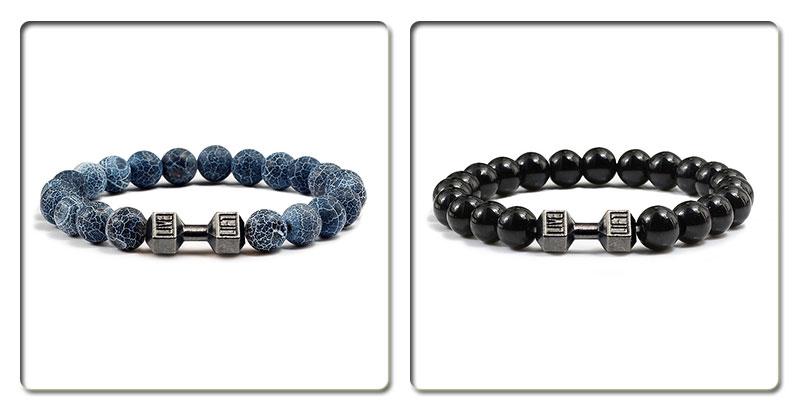 Product Introduction of Natural Volcanic Stone Bracelet Men Matte Black Lave White Beads Charm Dumbbell Strand Bracelets Women Barbell Fitness Jewelry 20
