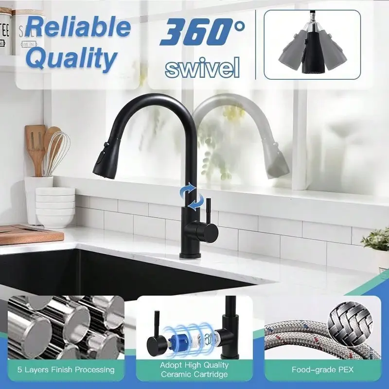 1pc Pull-Down Sprayer Kitchen Faucet Black, 360 Degree Kitchen Sink Mixer Taps Pull Out Spout Spray Single Lever Mono Tap- Included Accessory Kit 3