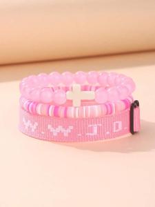 Wwjd Beaded Mix Bracelet, Fashionable Cross Charm Decor Beaded Bracelet for Women & Men, Elegant Jewelry Bracelet, Stackable Bracelet, Trendy All-match & Exquisite Jewelry for Birthday Gift, Faith Wear Jewelry, Pink Fashion Jewelry Accessories