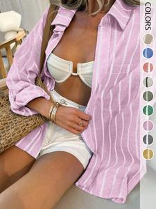 1 piece women's summer striped loose casual fit cardigan long sleeve shirt top, Casual Chic Minimalist, suitable for office, vacation, home, daily wear, festivals, four seasons