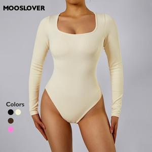Mooslover UK Women's Bodysuits Sexy Ribbed One Piece Square Neck Long Sleeve Bodysuits Womenswear Tops Comfort Basic