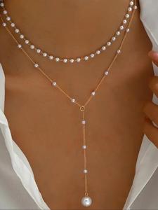 Women's Elegant Faux Pearl Decorated Layered Necklace, Exquisite Trendy Pendant Necklace, Chic Jewelry As Gift for Girlfriend